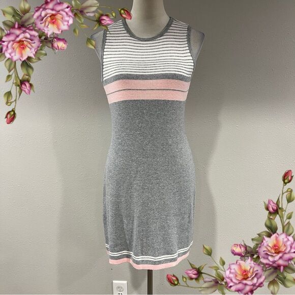 Gray and Pink Striped Sleeveless Sweater Dress - Picture 1 of 11